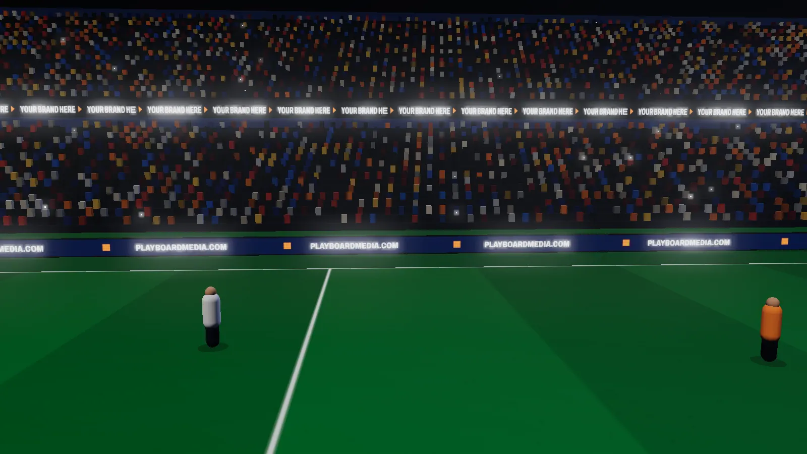Football game scene with LED perimeter boards showing an advertiser's brand along the far touchline