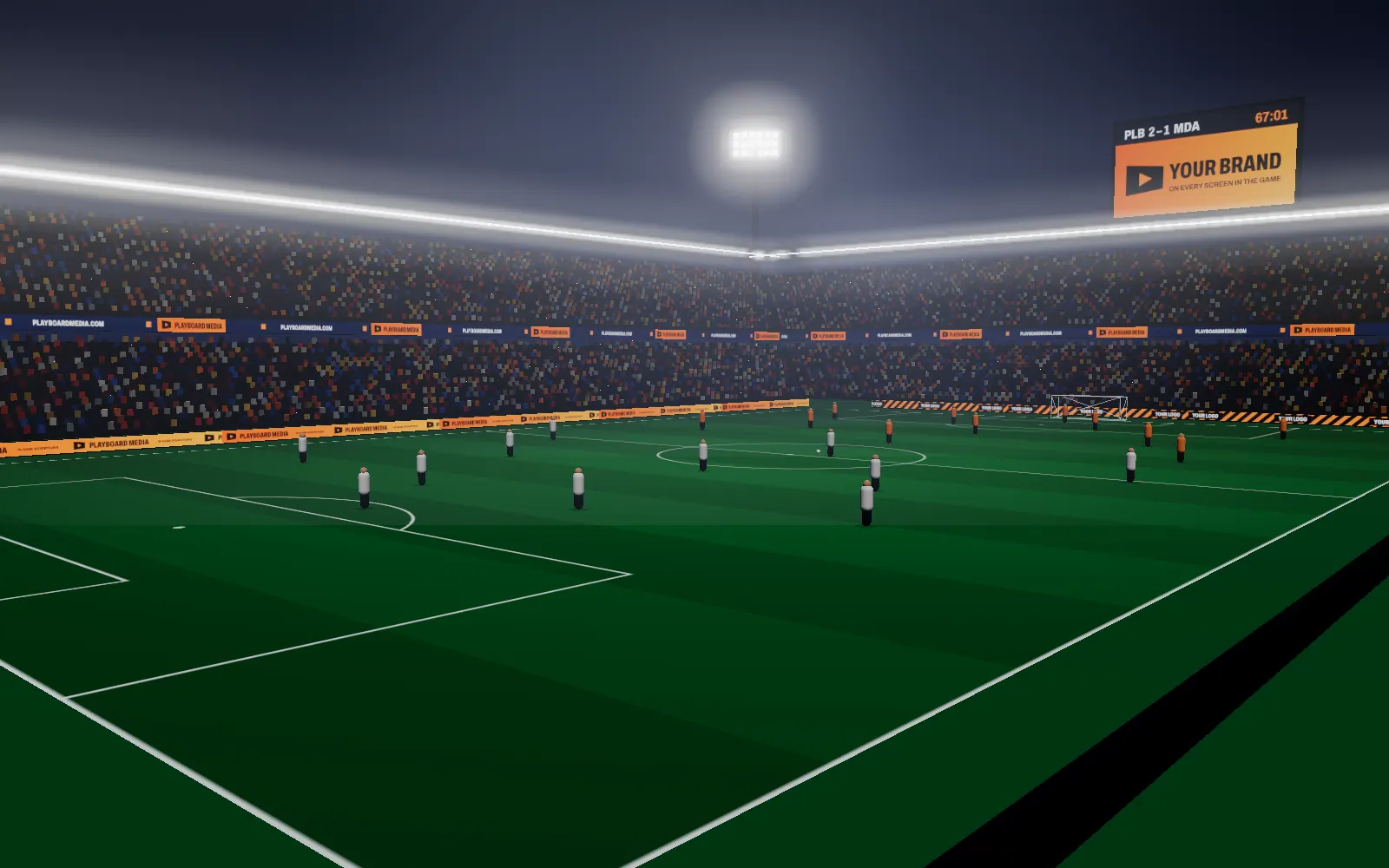 Night stadium in a football game with LED perimeter boards, a tier ribbon and a big screen showing ads